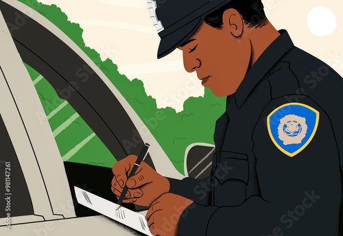 A cartoon illustration of a police officer writing a ticket next to a car window, with trees and a bridge in the background.