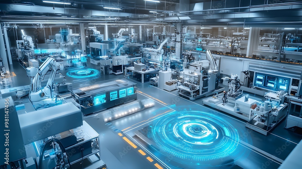 Fototapeta premium A futuristic industrial facility with advanced robotics and holographic displays for automation and manufacturing processes.