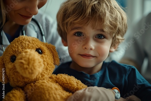 Hospital Care: Doctor and Nurse Attending to a Young Boy with a Toy