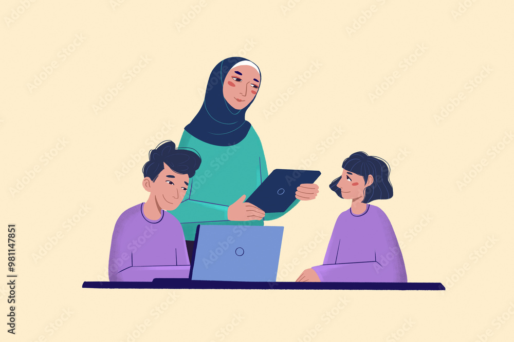 A woman wearing a hijab shows a tablet to two children who are looking at a laptop together. A woman wearing a hijab shows a tablet to two children who are looking at a laptop together.