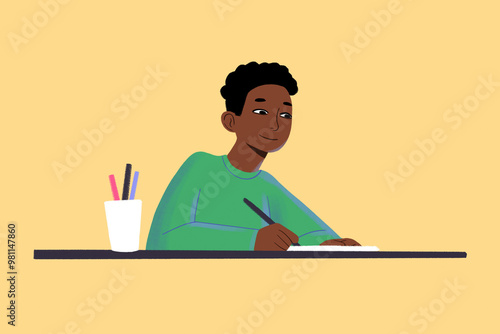 Illustration of a young person writing in a notebook with a cup of pencils beside them on a desk. photo