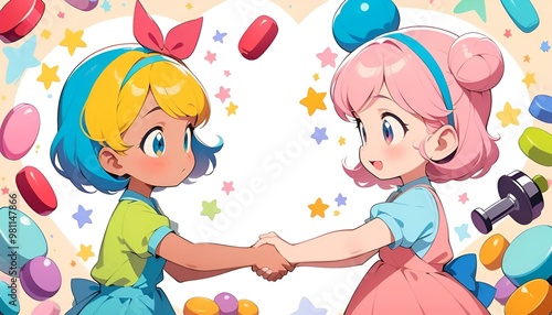 Cute cartoon girls shaking hands with colorful candies, cheerful expression, digital illustration 