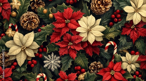 Christmas seamless pattern with red and white poinsettia flowers, fir branches and pine cones