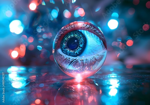 Surreal Eye Reflection in Crystal Ball with Colorful Lights