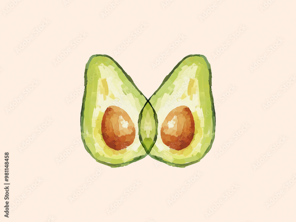 Two halves of a ripe avocado with pits on a light background, illustrated in a watercolor style. Two halves of a ripe avocado with pits on a light background, illustrated in a watercolor style.
