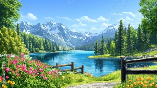 Beautiful mountain lake with vibrant flowers in full bloom, green trees, and a wooden fence, set against a clear blue sky in a serene landscape