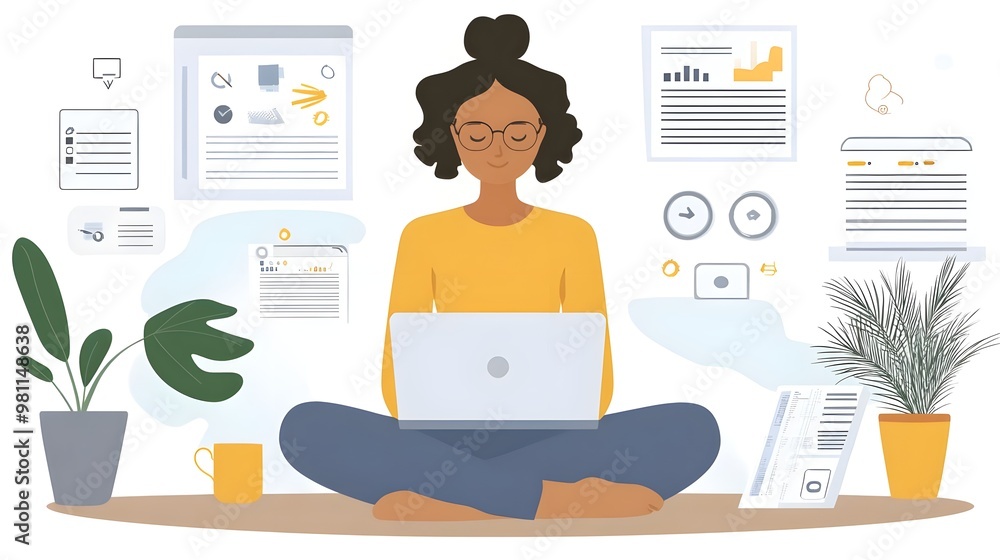 A woman working on a laptop surrounded by documents and plants, representing remote work and productivity in a cozy setting. A woman working on a laptop surrounded by documents and plants, representing remote work and productivity in a cozy setting.