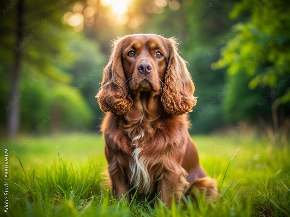 Adorable Sussex Spaniel dog with floppy ears and sweet expression, sitting on a lush green grassy field, with a blurred forest background. Adorable Sussex Spaniel dog with floppy ears and sweet expression, sitting on a lush green grassy field, with a blurred forest background.