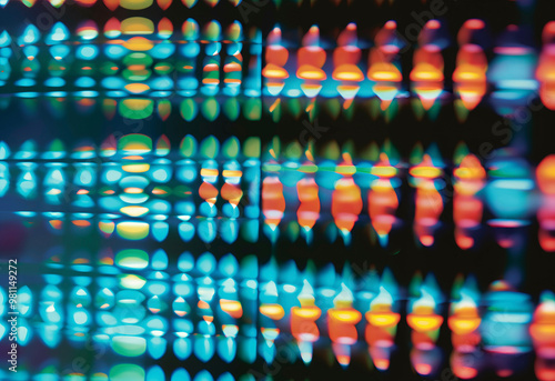 Abstract colorful background with blurred light patterns forming a vibrant moire effect.