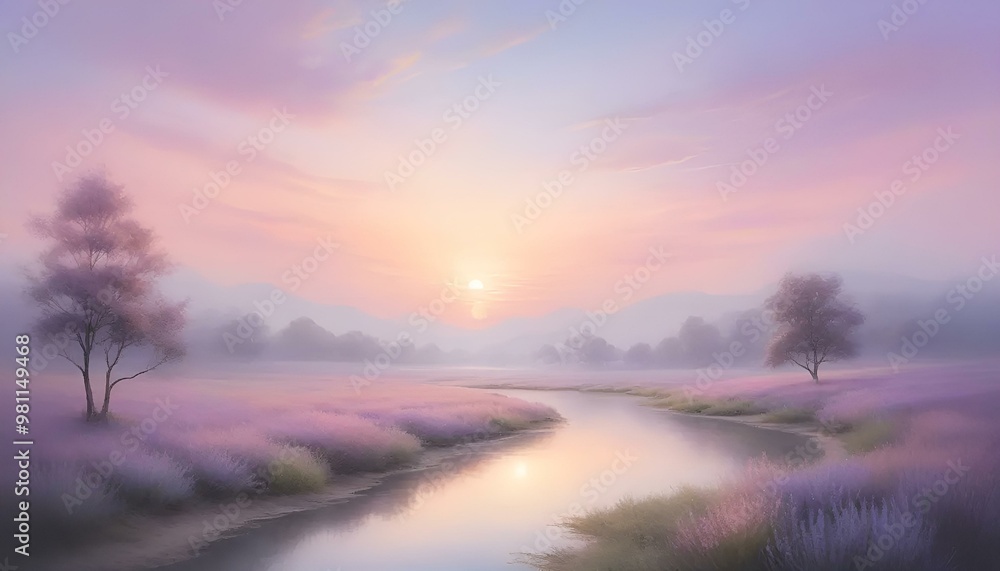 Fototapeta premium Serene landscape with a tranquil river at sunrise and lavender fields