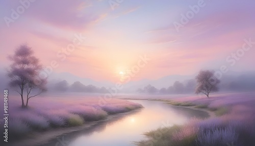 Serene landscape with a tranquil river at sunrise and lavender fields