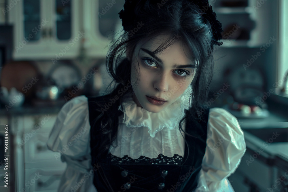 A beautiful female wearing a black & white maid clothes looking at camera generative AI A beautiful female wearing a black & white maid clothes looking at camera generative AI