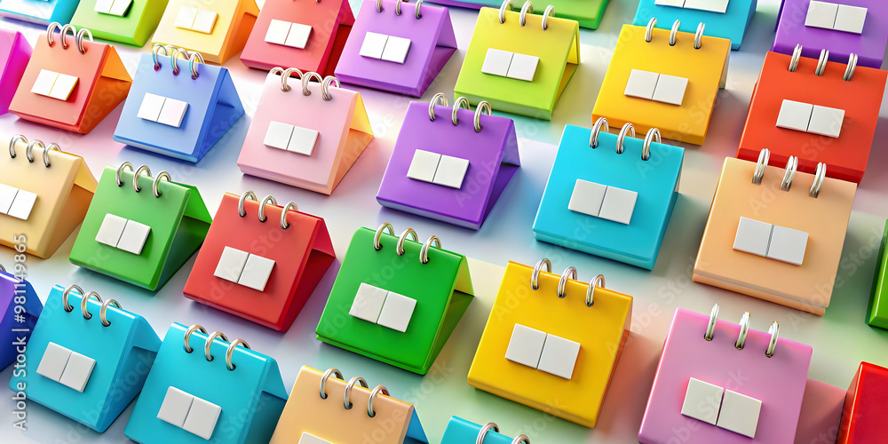 Obraz premium 3D Colorful Calendar Tiles Design: Seamless Background with Vibrant Illustrations for Each Month of 2025 on an Isolated White Background