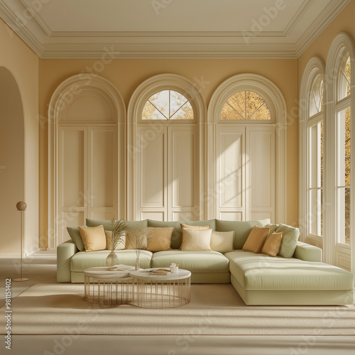 A cozy and stylish modern living room with a comfortable sofa, elegant furniture, soft lighting, and contemporary design elements