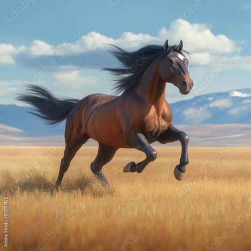 A brown horse with a black mane and tail runs through a field of golden grass.