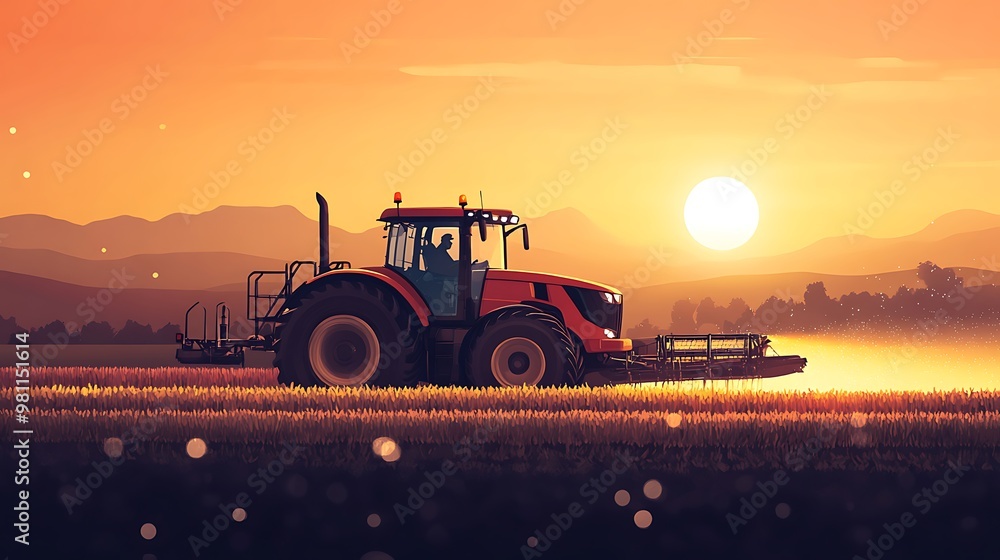 Obraz premium A tractor working in a field during sunset, highlighting agricultural activity and rural life.