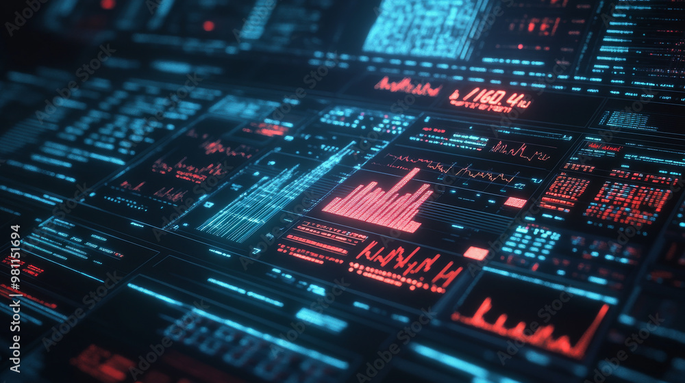 Fototapeta premium Advanced AI algorithm visualizing stock predictions on a multi-layered screen, futuristic financial market concept