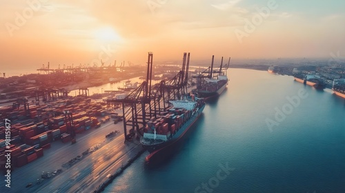 Aerial view of a bustling port at sunset, with cranes and cargo ships reflecting in the serene water, showcasing maritime activity.