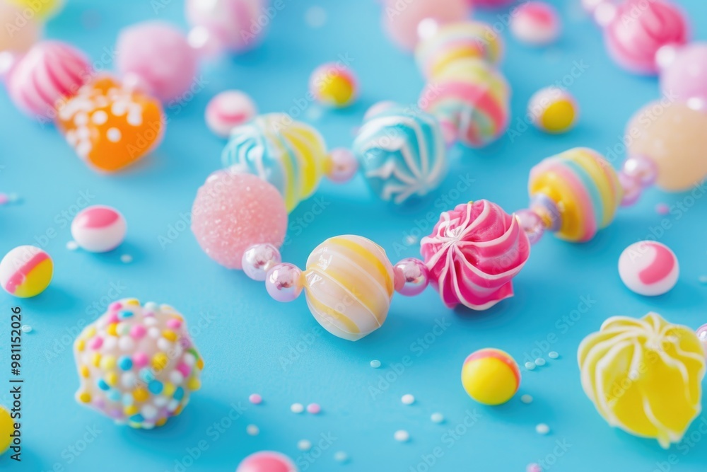 A colorful arrangement of candies on a bright blue background A colorful arrangement of candies on a bright blue background
