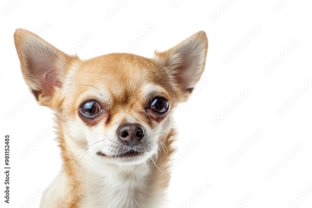 Close-up shot of a small dog's face on a plain white background, suitable for pet-related or product photography use Close-up shot of a small dog's face on a plain white background, suitable for pet-related or product photography use