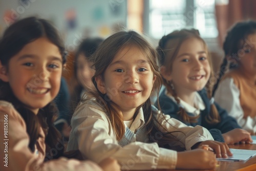 A group of young girls sitting at a table, surrounded by books and learning materials