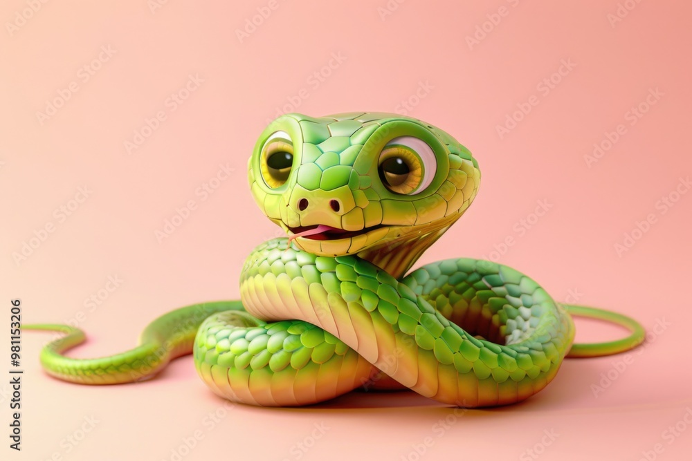 Fototapeta premium A green snake sits atop a pink surface, awaiting discovery