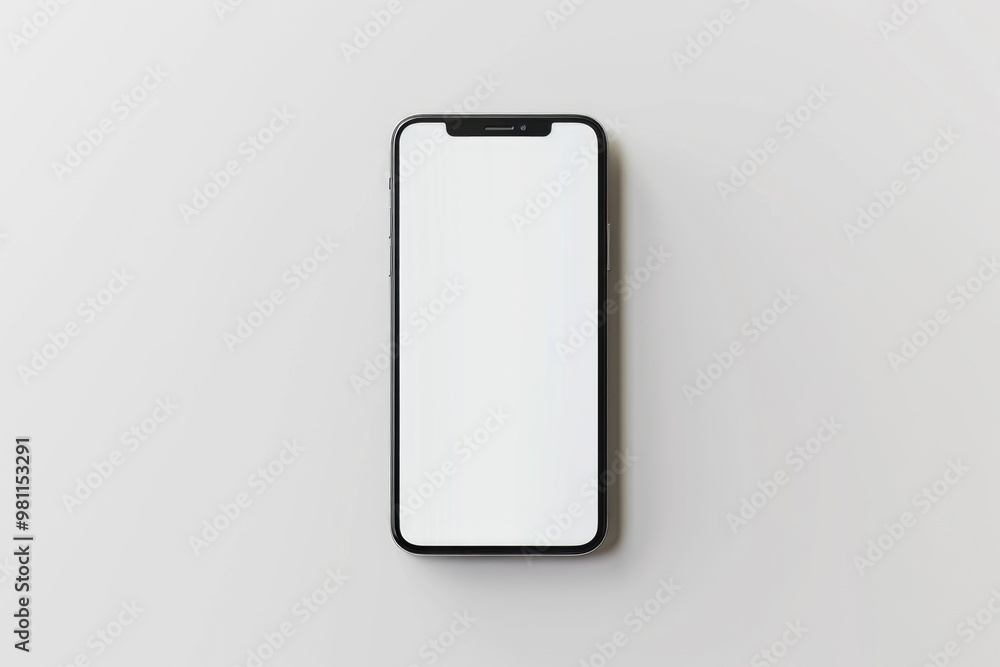A smartphone with a blank screen sitting on a white surface, ideal for use in technology or digital concepts A smartphone with a blank screen sitting on a white surface, ideal for use in technology or digital concepts