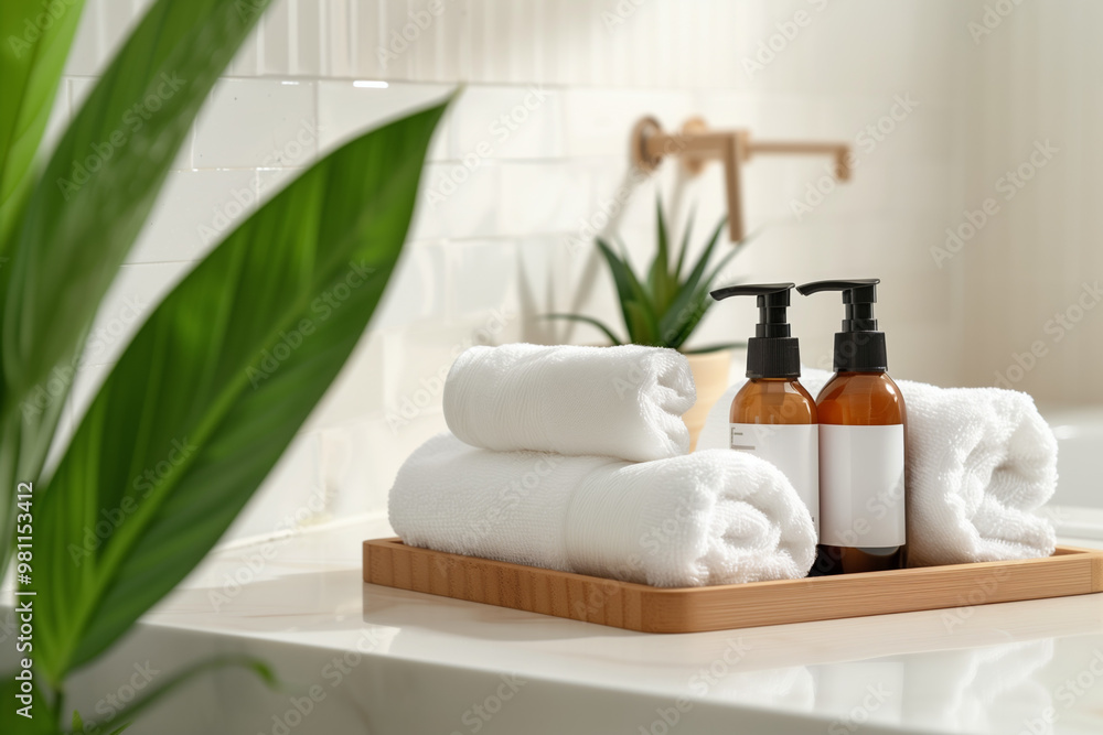 Towels and bottles of body care products on wooden tray against white wall in spa salon. Towels and bottles of body care products on wooden tray against white wall in spa salon.