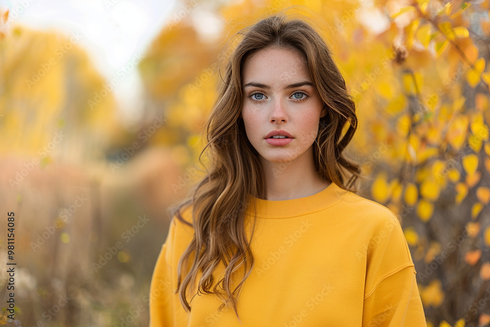 Portrait of a young woman in a yellow crewneck mockup sweatshirt, set against a fall-themed background with warm autumn colors, showcasing cozy seasonal female fashion. Portrait of a young woman in a yellow crewneck mockup sweatshirt, set against a fall-themed background with warm autumn colors, showcasing cozy seasonal female fashion.