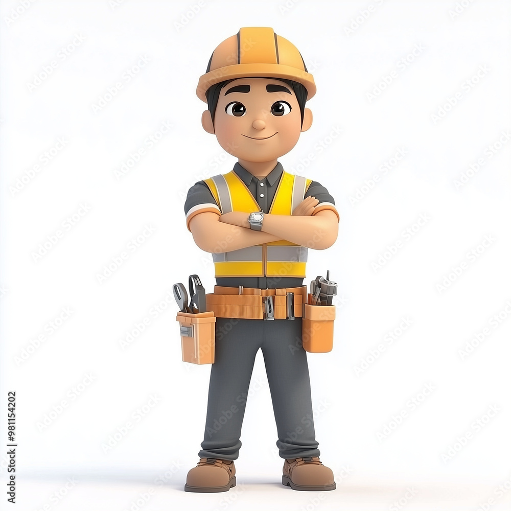 a 3D Asian cartoon-style safety officer engineer in various professional working poses on a construction site. The character wears a high-visibility safety vest, helmet, and gloves. a 3D Asian cartoon-style safety officer engineer in various professional working poses on a construction site. The character wears a high-visibility safety vest, helmet, and gloves.