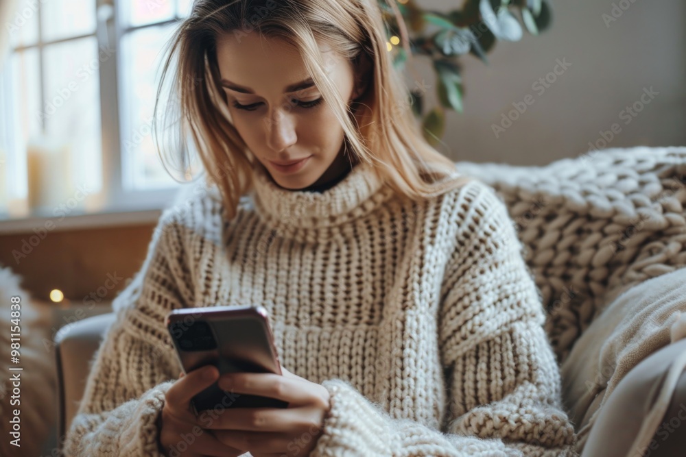 Fototapeta premium A woman sits on a couch, focused on her cell phone