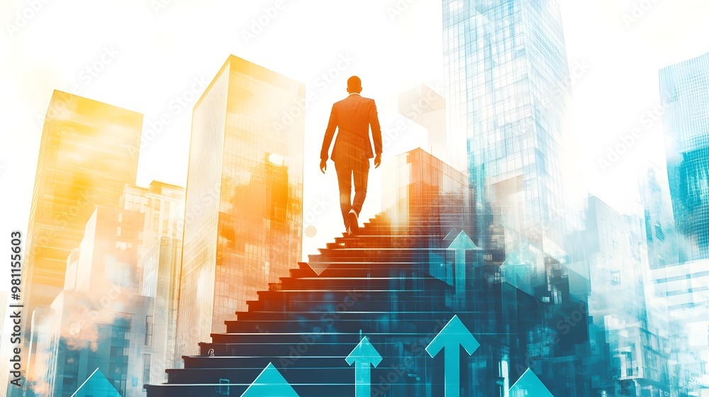 Ambitious Businessman Climbing Stairs to Skyscraper Towers in Cityscape Ambitious Businessman Climbing Stairs to Skyscraper Towers in Cityscape