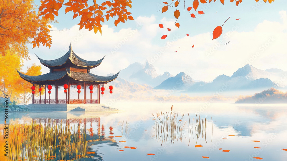 Obraz premium Autumn outdoor nature scenery in illustration style