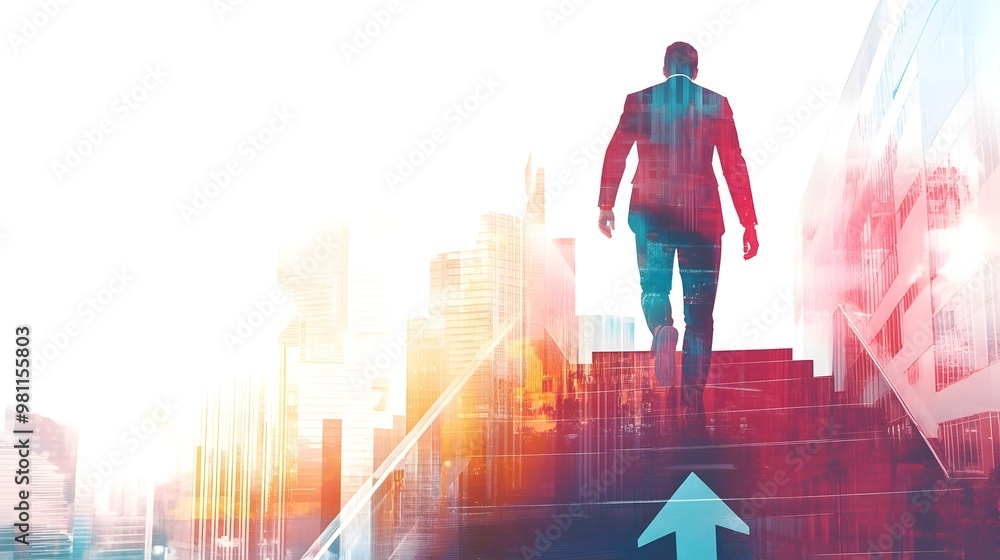 Ambitious businessman walking up steps towards city skyline Ambitious businessman walking up steps towards city skyline