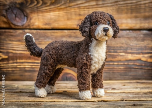 Adorable Portuguese Water Dog handmade felt craft figure sits on a rustic wooden background, showcasing intricate stitching and textured fur details in earthy tones. photo