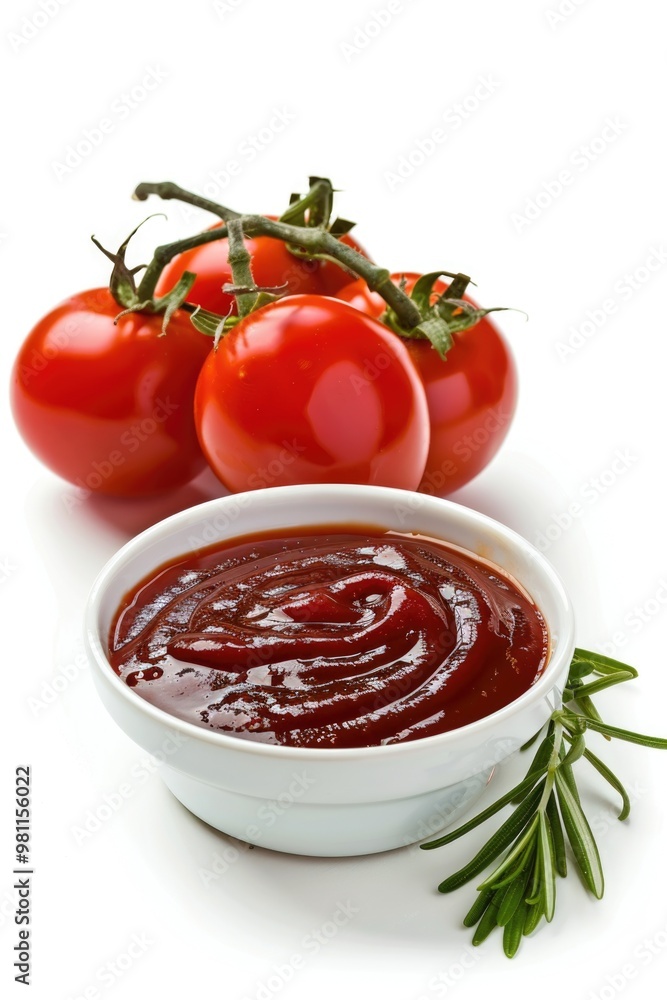 A bowl of ketchup sits next to fresh tomatoes, perfect for snacking or cooking A bowl of ketchup sits next to fresh tomatoes, perfect for snacking or cooking
