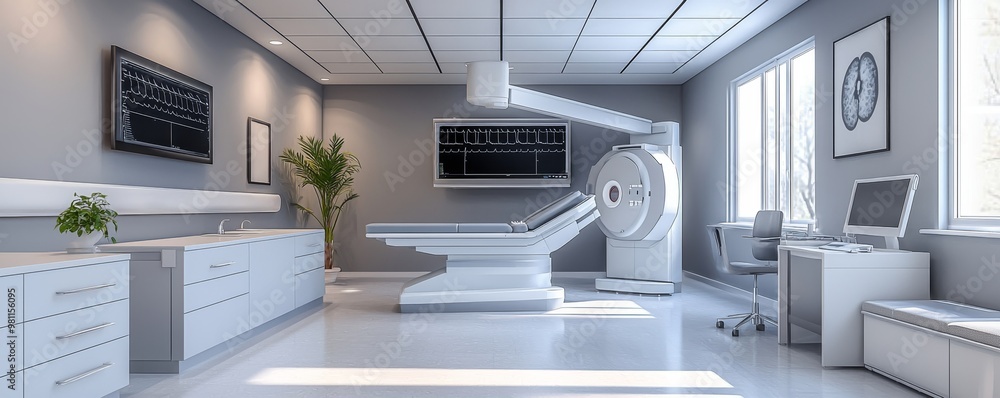 Modern medical room featuring a diagnostic machine, clean surfaces, and bright lighting for a professional healthcare environment.,3D illustration Modern medical room featuring a diagnostic machine, clean surfaces, and bright lighting for a professional healthcare environment.,3D illustration