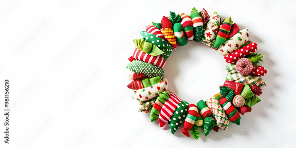 3D Upcycled Fabric Christmas Wreaths Seamless Pattern - Zero Waste Holiday Concept with Vibrant Textures & Unique Designs on White Background 3D Upcycled Fabric Christmas Wreaths Seamless Pattern - Zero Waste Holiday Concept with Vibrant Textures & Unique Designs on White Background