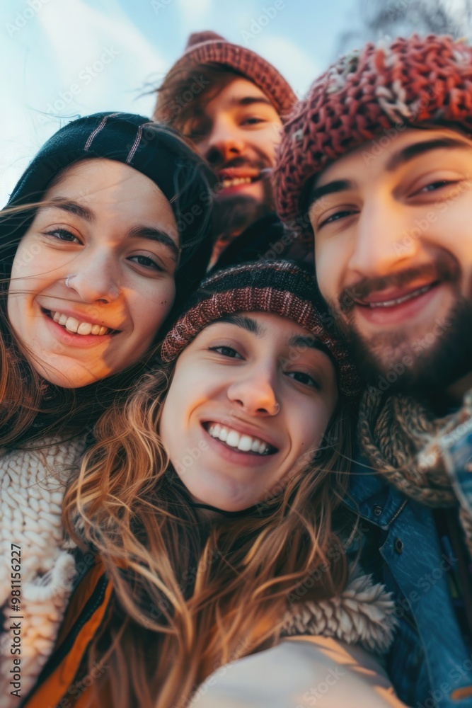 A group of friends smiling and taking a selfie together A group of friends smiling and taking a selfie together