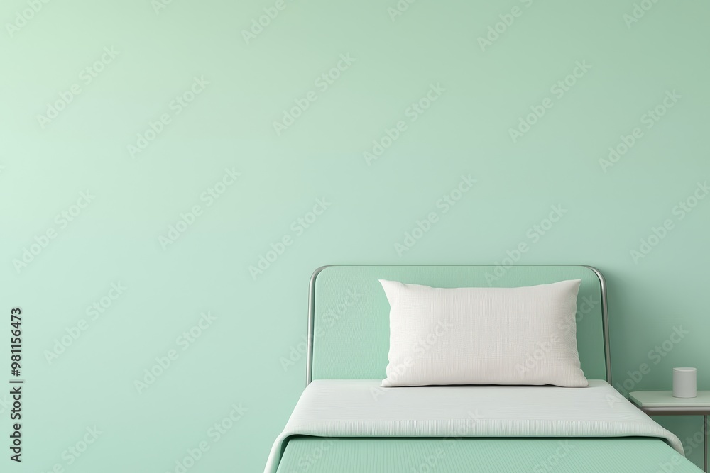 A minimalist bedroom featuring a single bed, fresh white pillow, and calming mint green wall, ideal for relaxation and simplicity.,3D illustration A minimalist bedroom featuring a single bed, fresh white pillow, and calming mint green wall, ideal for relaxation and simplicity.,3D illustration