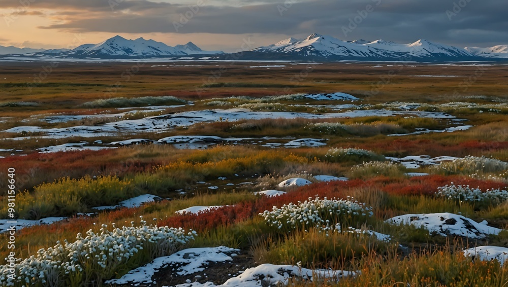 Arctic tundra with snow patches and hardy shrubs. Arctic tundra with snow patches and hardy shrubs.