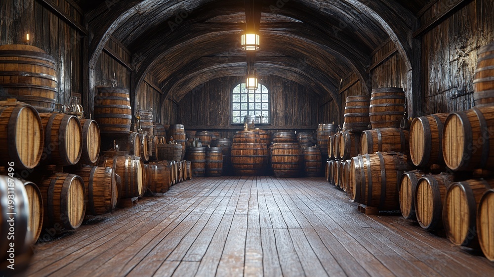 storage room filled with oak barrels, providing a glimpse into the aging process for wine and whiskey in a distillery or winery, emphasizing tradition and craftsmanship storage room filled with oak barrels, providing a glimpse into the aging process for wine and whiskey in a distillery or winery, emphasizing tradition and craftsmanship