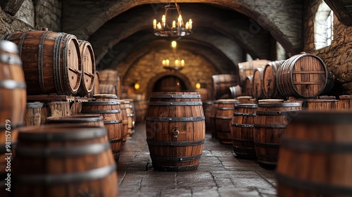 storage room filled with oak barrels, providing a glimpse into the aging process for wine and whiskey in a distillery or winery, emphasizing tradition and craftsmanship