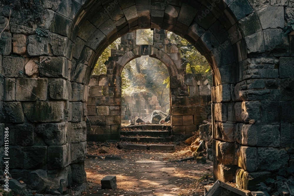 Fototapeta premium A stone arch with a bench in the middle, surrounded by a stone wall