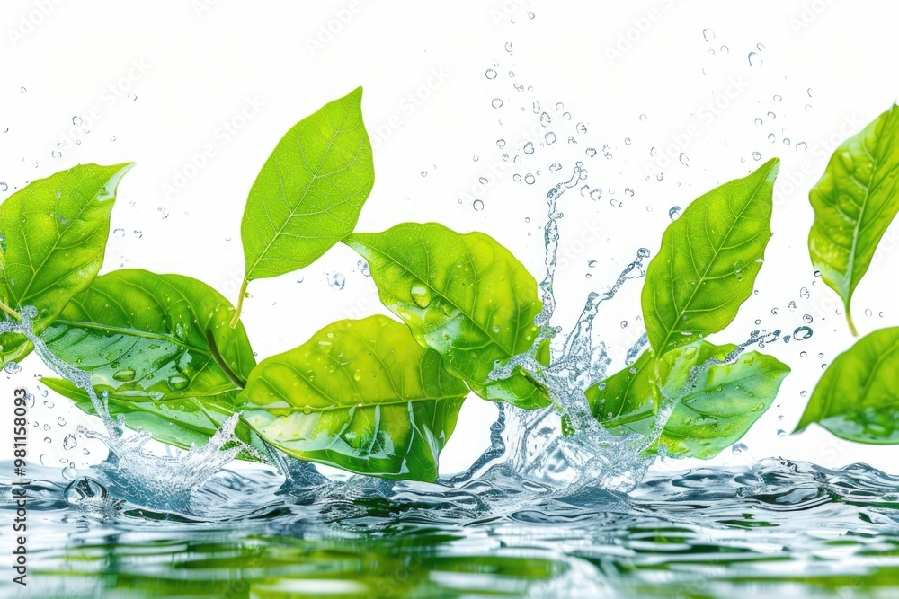 A natural scene of green leaves falling into the surface of a body of water A natural scene of green leaves falling into the surface of a body of water
