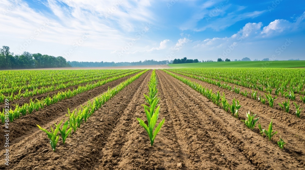 Lush Green Farmland Landscape with Rows of Growing Crops in Countryside Lush Green Farmland Landscape with Rows of Growing Crops in Countryside