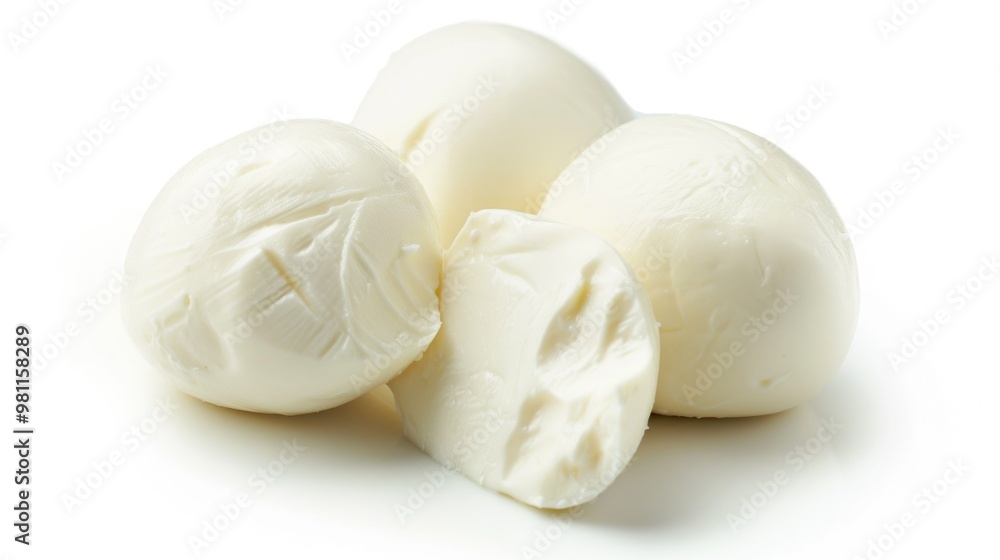 Fresh mozzarella cheese formed into balls and placed on a clean white surface Fresh mozzarella cheese formed into balls and placed on a clean white surface