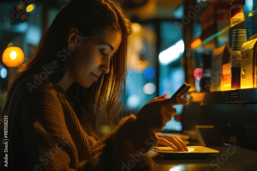 A woman sits at a table looking at her cell phone, possibly checking messages or browsing the internet