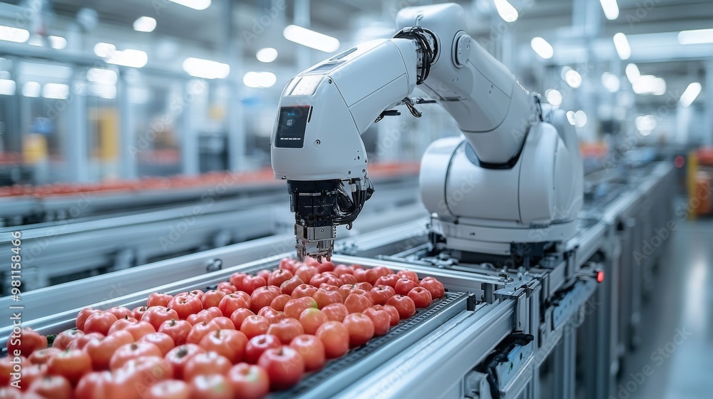 Automated robotic arm sorting fresh tomatoes on a conveyor belt in a processing facility