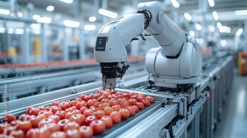 Obraz na płótnie Automated robotic arm sorting fresh tomatoes on a conveyor belt in a processing facility w salonie